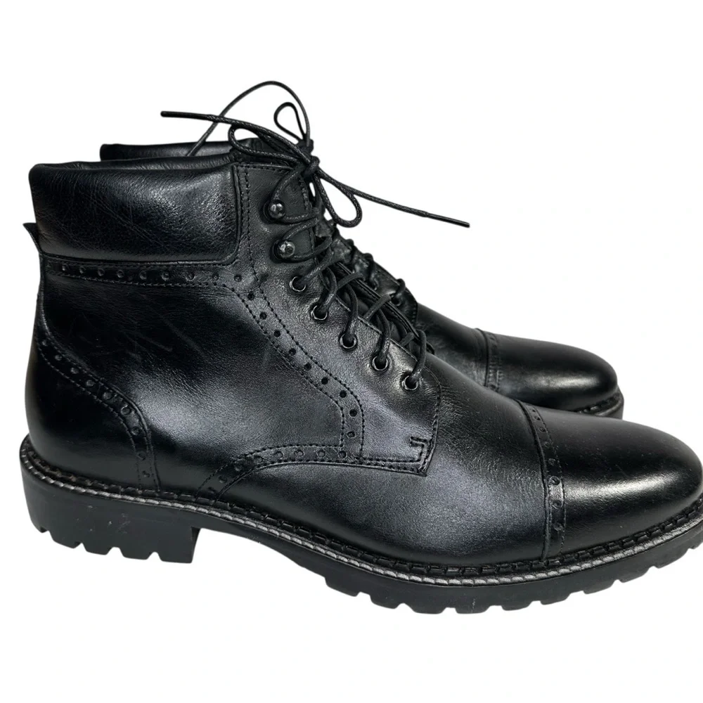 Johnston & Murphy Garrison Black Leather Brogue Cap Toe Boot. Sz: 10